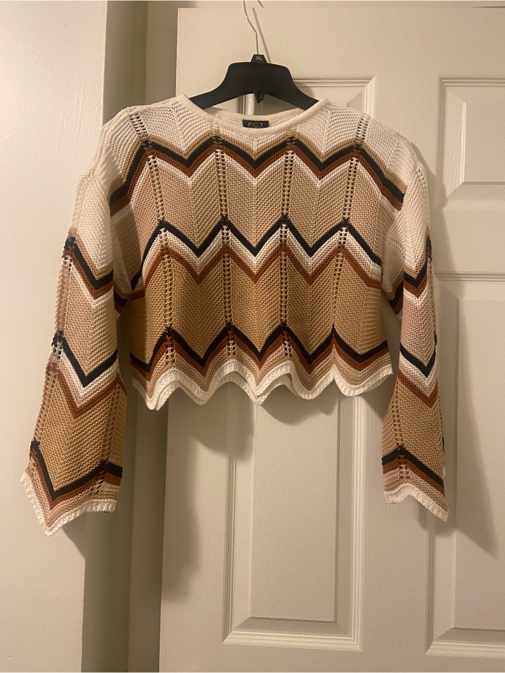 Striped Chevron Knit Cropped Sweater in Cream & Tan